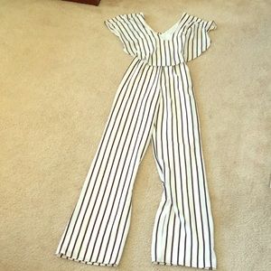 Black and white striped flounce top jumpsuit